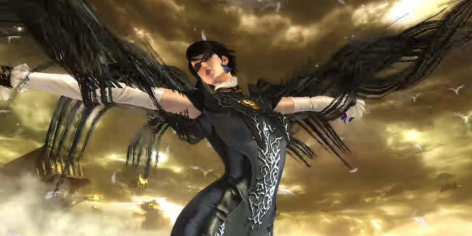 Bayonetta brandishing her wings with her hair