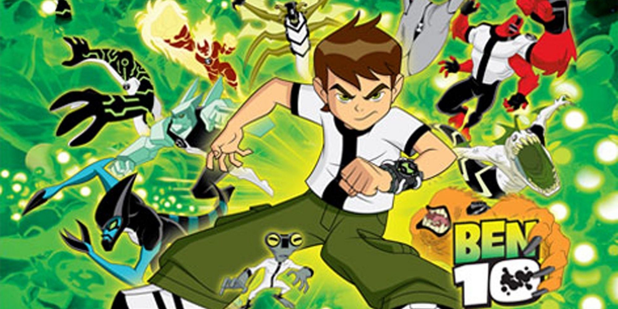 Ben 10 surrounded by various alien forms