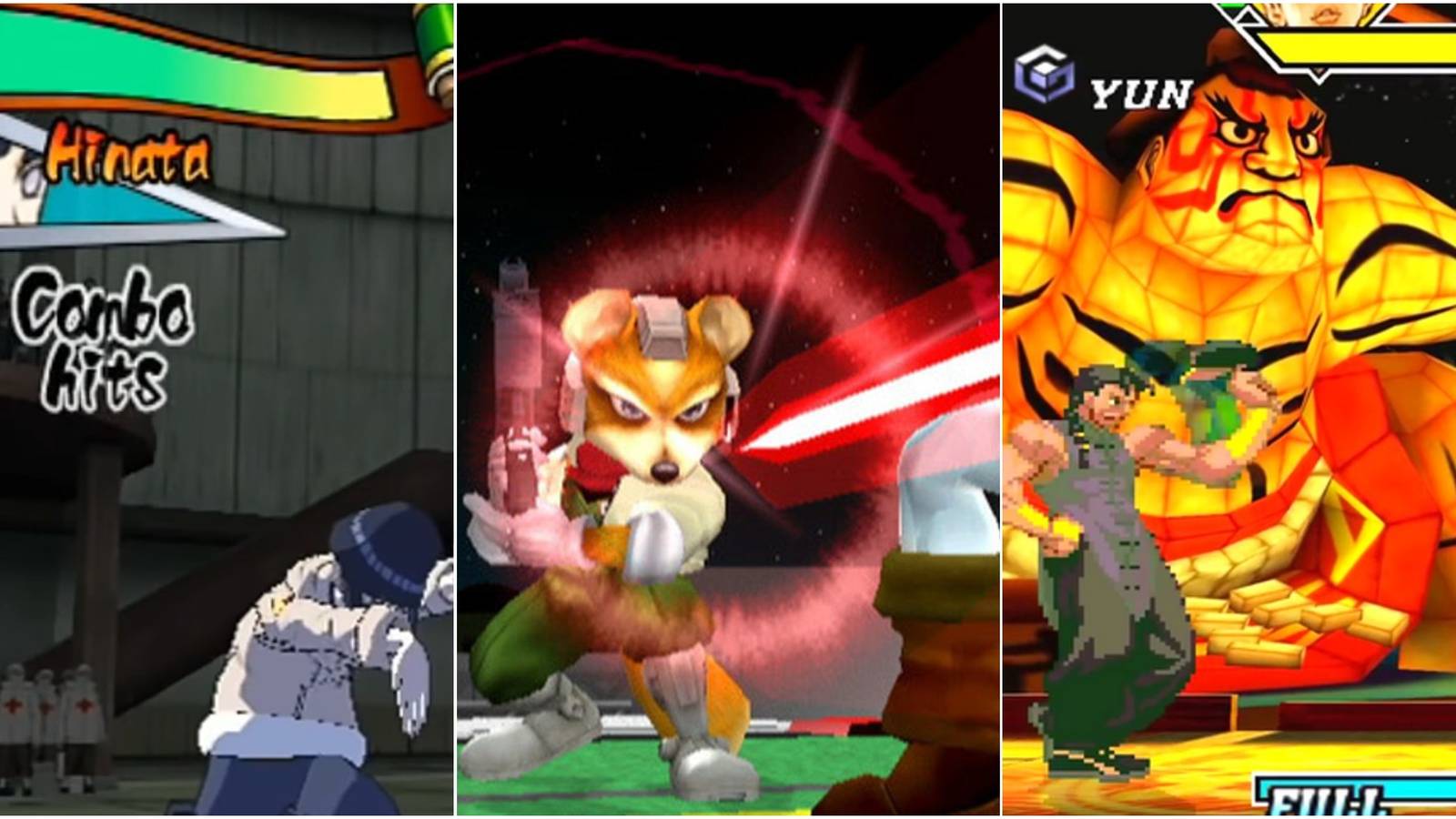 Split image of Naruto Clash of Ninjas 2, Fox shooting in Smash Bros Melee, Capcom VS SNK 2 fighting
