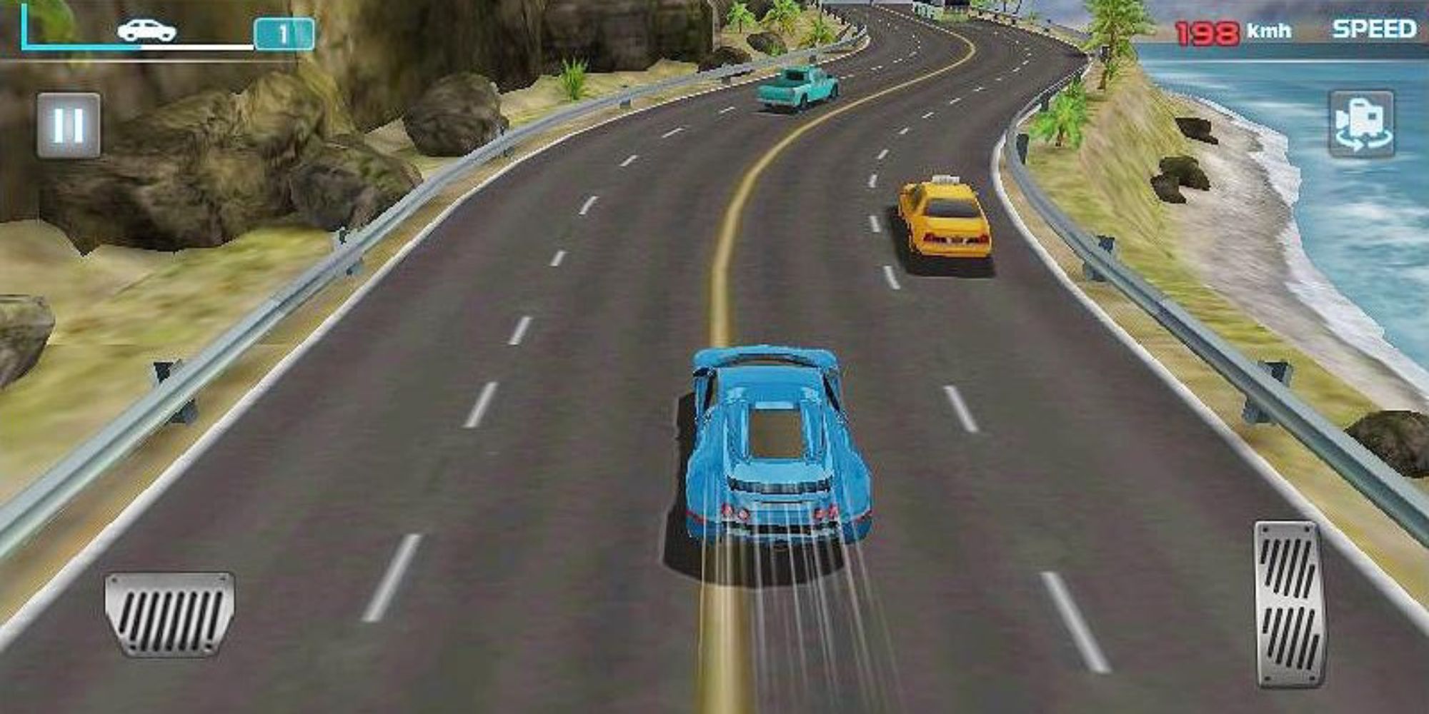 Best Racing Games on Mobile - Turbo Driving Racing 3D - Player reaches top speed while driving through the coastline