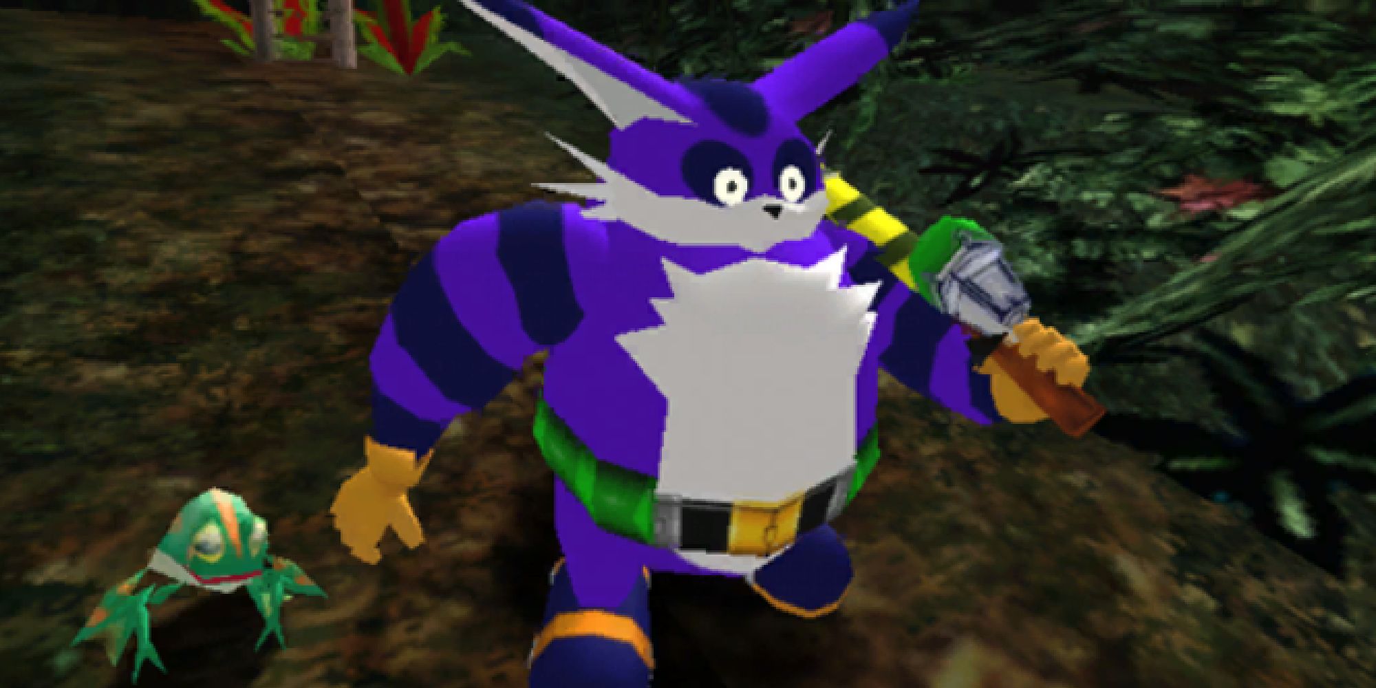 Big the Cat running with Froggy in a forest in Sonic Adventure
