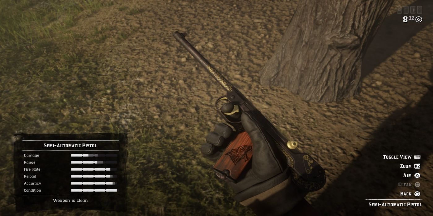 Red Dead Redemption 2 Player holds a tricked out semi auto pistol