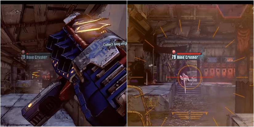 Borderlands 2 Tiny Tina split image of Swordsplosion being aimed through scope shooting swords and holding weapon