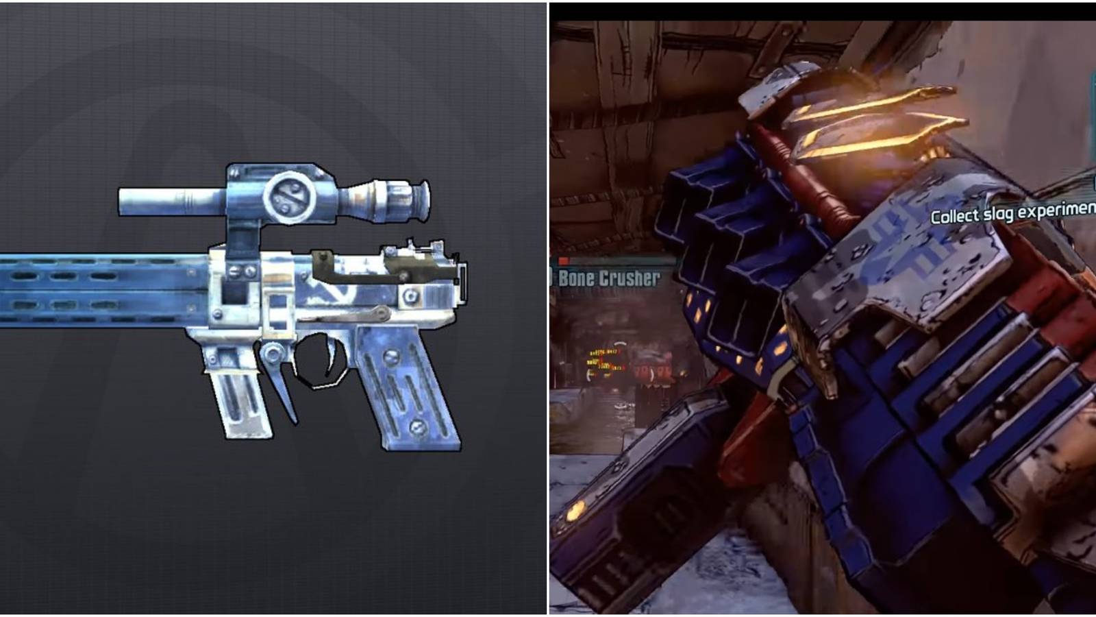 Borderlands Tiny Tina Assault Dragon Keep split image of Stinger and holding Swordsplosion