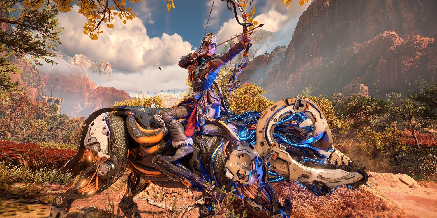 aloy drawing an arrow while sitting backwards on a bull-like robot with mountains and clouds behind her