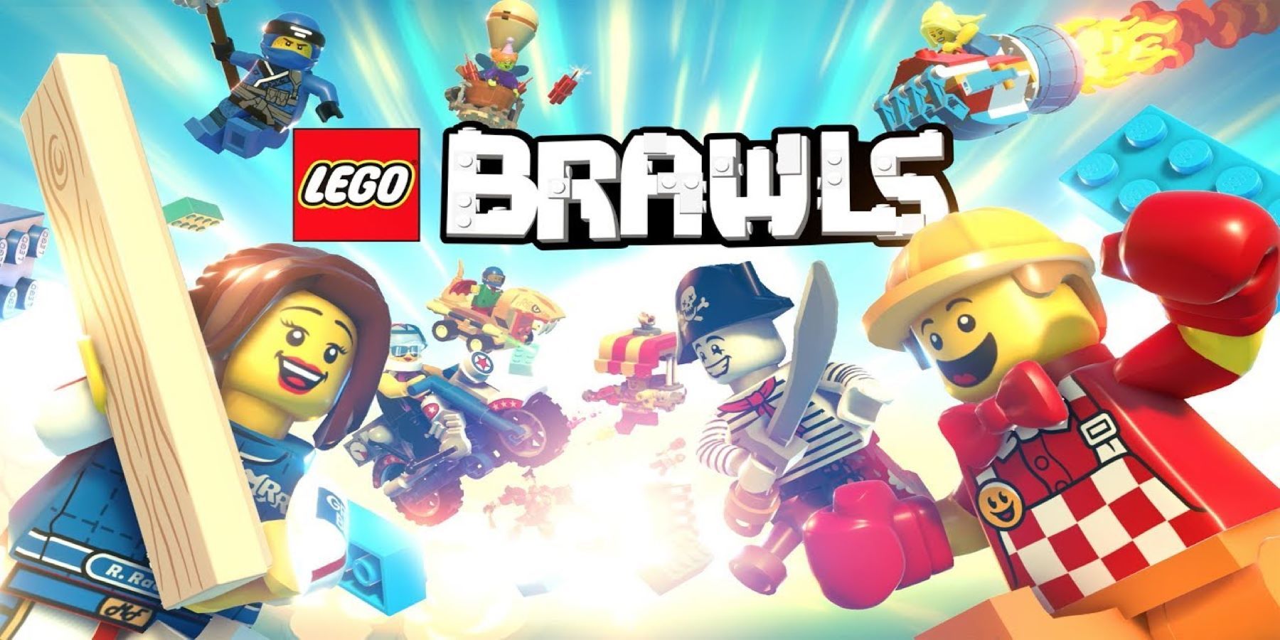 The LEGO Brawls logo, surrounded by several LEGO minifigures charging into a fight