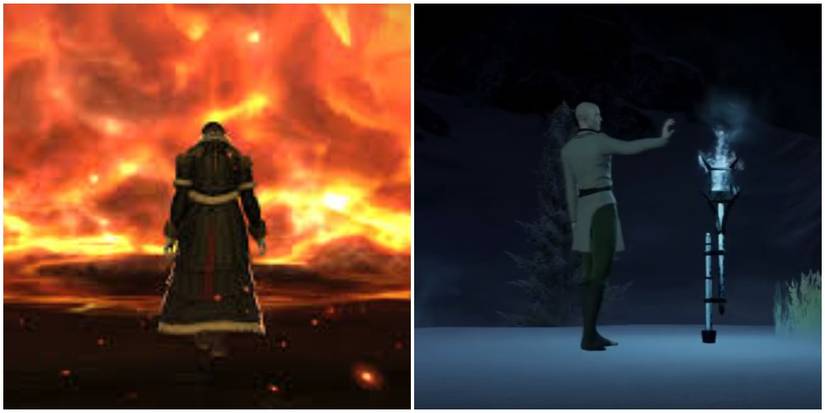 Split image of Emet-Selch in fire and Solas lighting Veilfire.