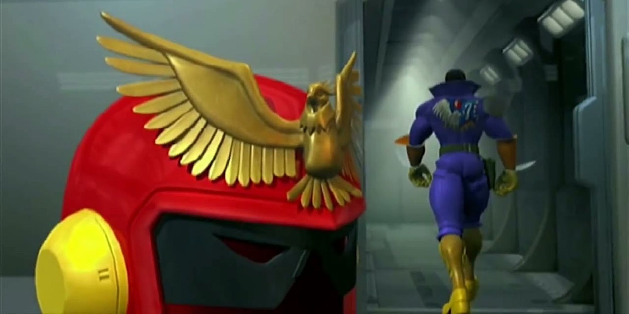 Captain Falcon dramatically walking away from his helmet during a cutscene in F-Zero GX