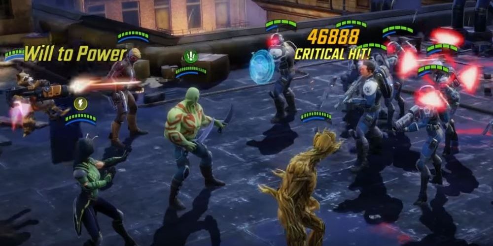 Mantis and the Guardians of the Galaxy fighting an enemy S.H.I.E.L.D team in Marvel Strike Force