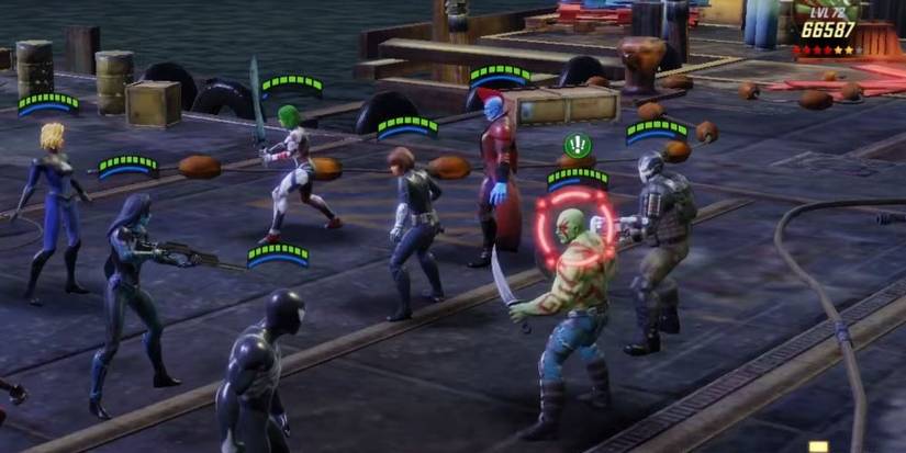 Minn-Erva fighting against Gamora, Drax, CrossBones, Quake, and Yondu from Marvel Strike Force.