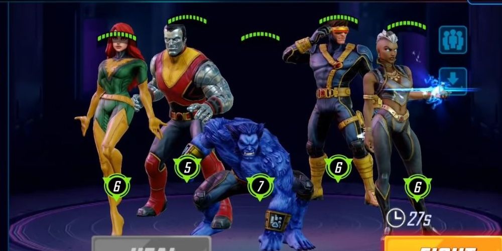 Beast and his Uncanny X-Men teammates Phoenix, Storm, Cyclops, and Colossus from Marvel Srtike Force.