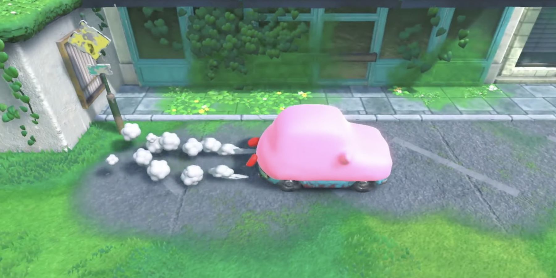 Кирби использует режим Car Mouthful Mode в Kirby and the Forgotten Land