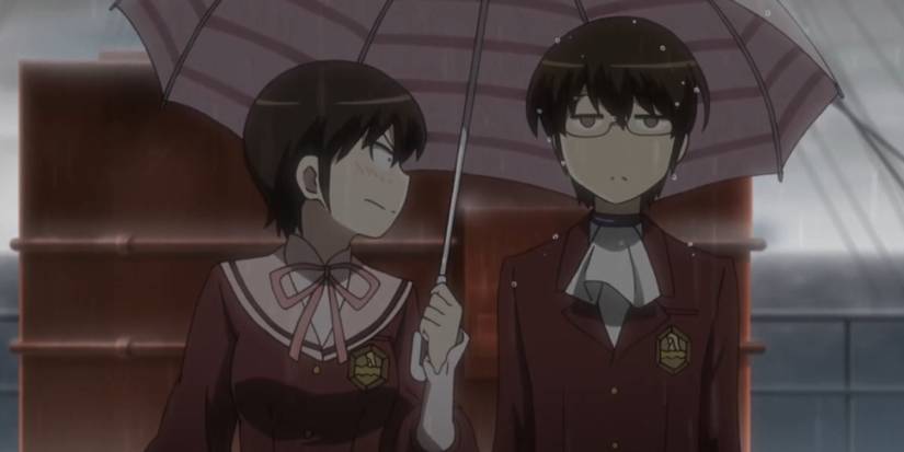 Chihiro Kosaka and Keima Katsuragi under an umbrella