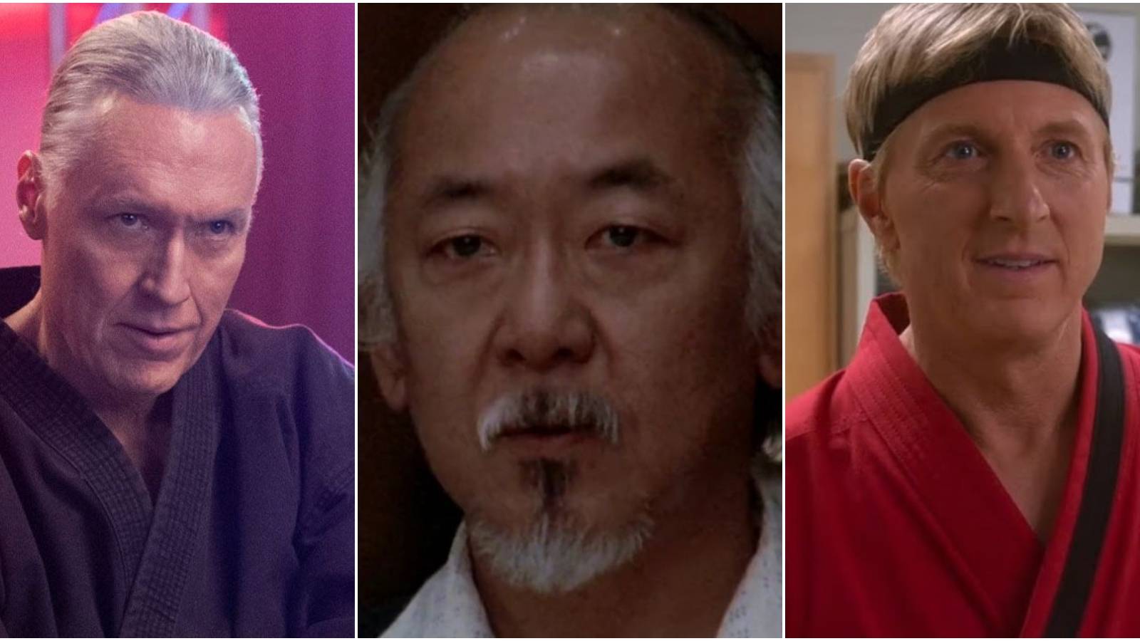 left to right: Terry Silver Mr. Miyagi Johnny Lawrence