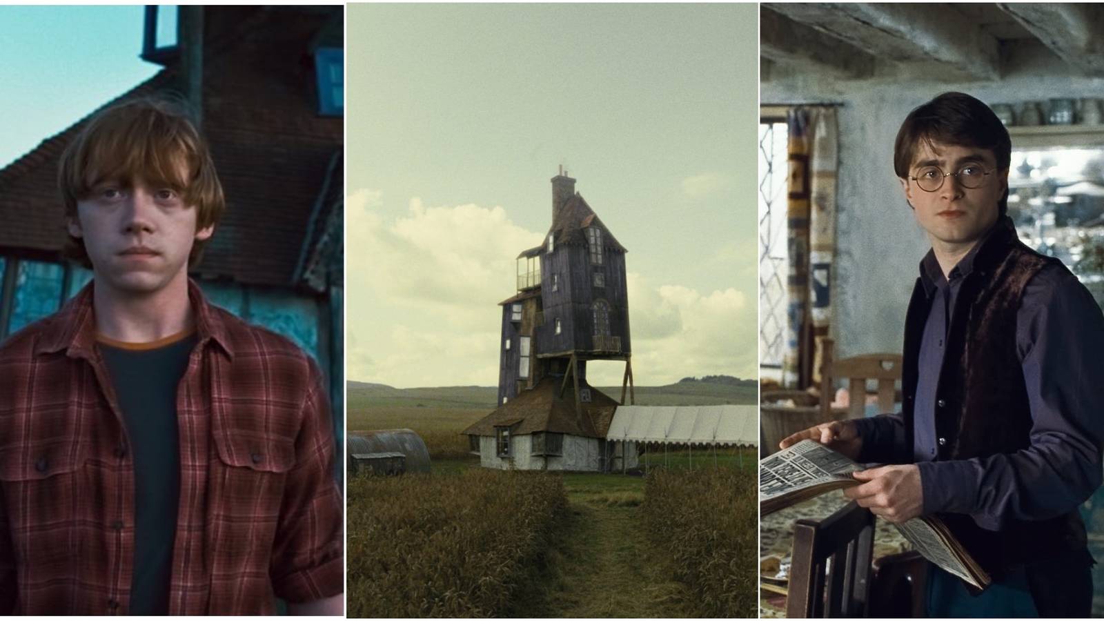 Collage Of The Burrow In Harry Potter Movies With Ron Weasley And Harry Potter Daniel Radcliffe and Rupert Grint