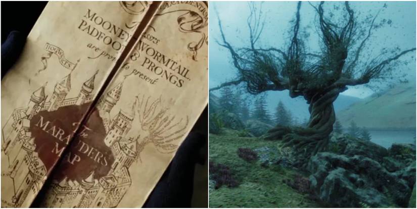 Collage of the Marauders' Map and the Whomping Willow in Harry Potter