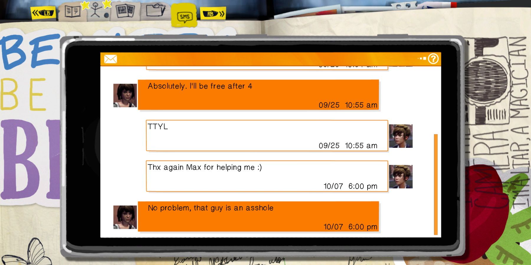 Text messages between Max and Kate during Episode 1 of Life is Strange