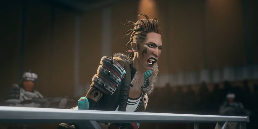 Mad Maggie knocks out her own tooth during her court judgment, from Apex Legends