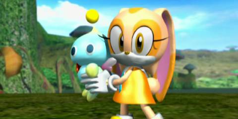 Cream holding Cheese in a cutscene in Sonic Heroes