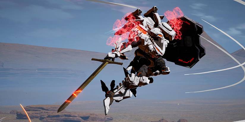 Daemon X Machina - An Arsenal flying through the air.