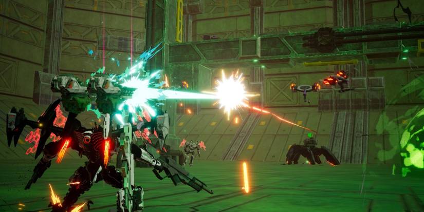 Daemon X Machina - A large Arsenal blasting laser projectiles at enemies.