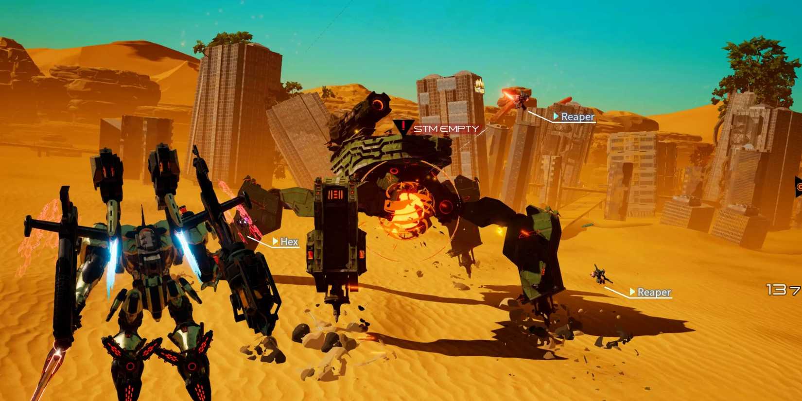 Daemon X Machina - An arsenal flying over two Reapers.