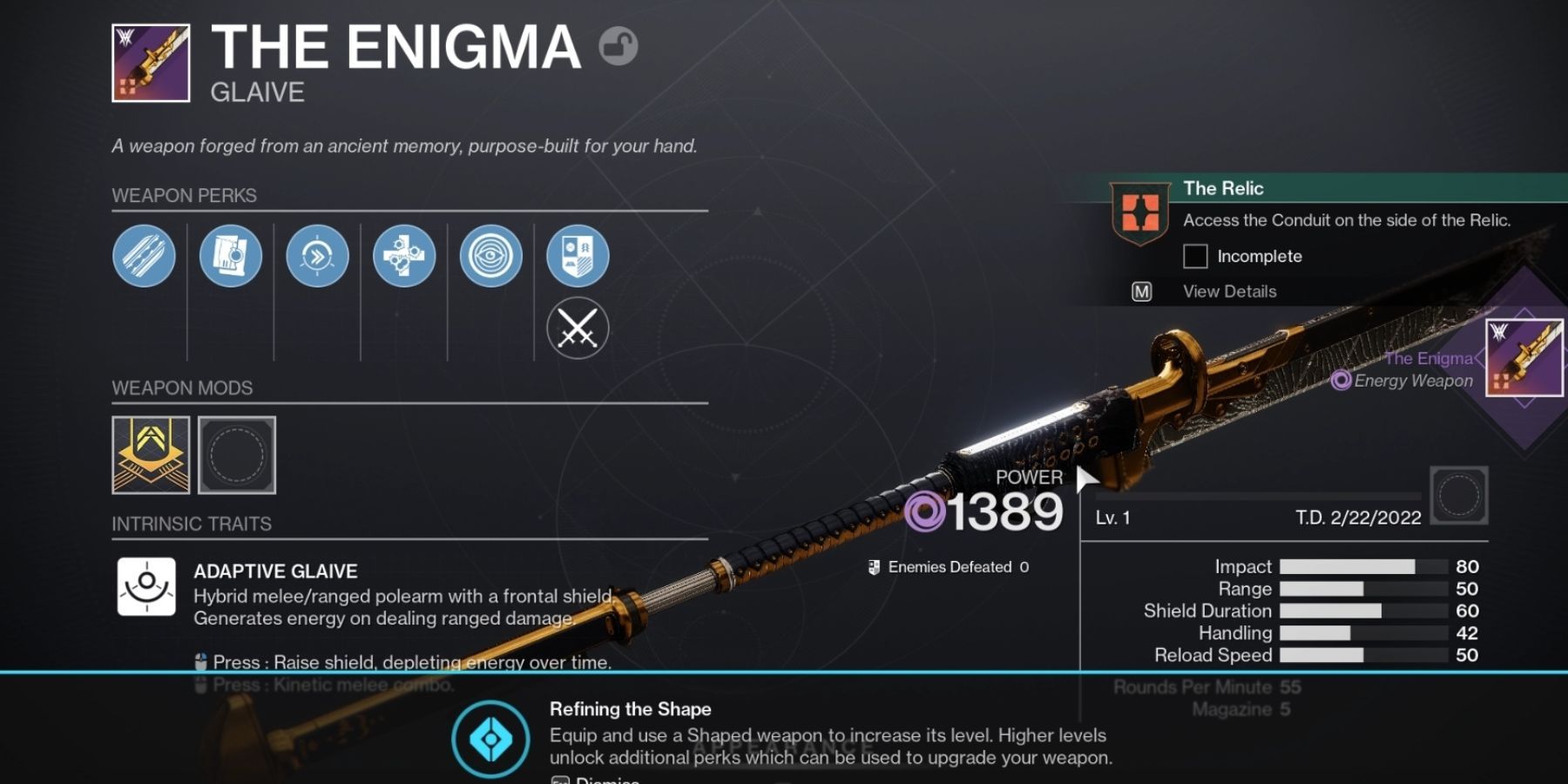 Destiny 2 Enigma Glaive Detail Screen