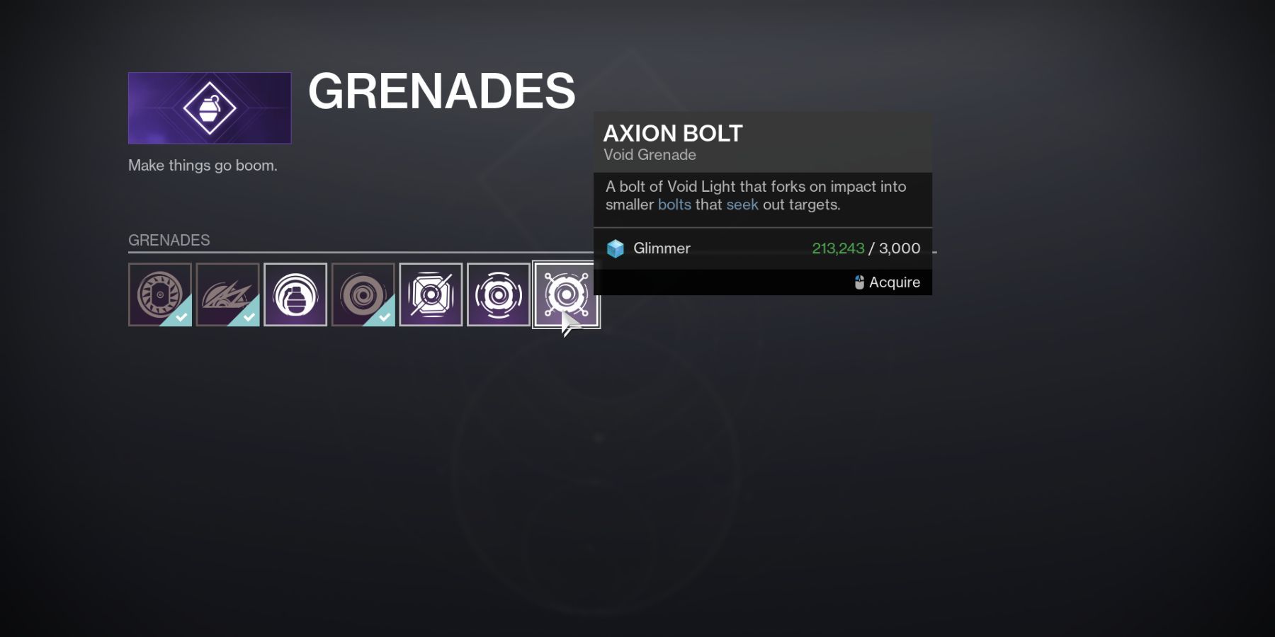 Destiny 2 Void Grenade Vendor Screen