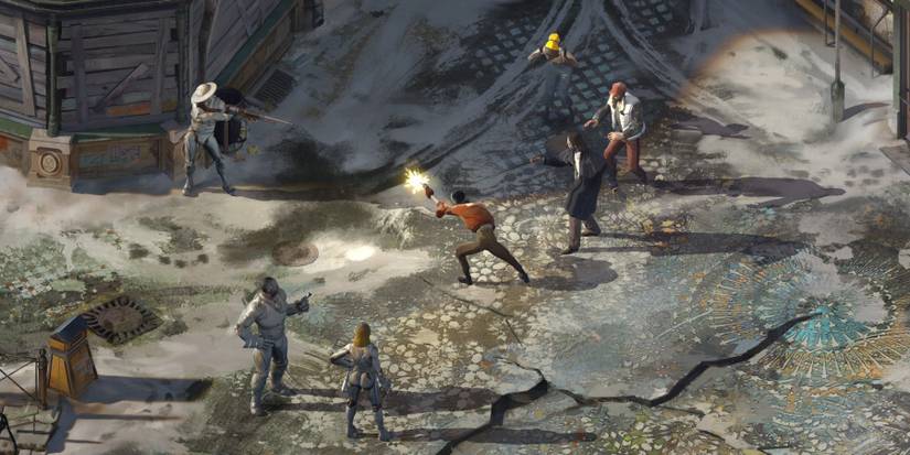 Disco Elysium characters shooting at each other