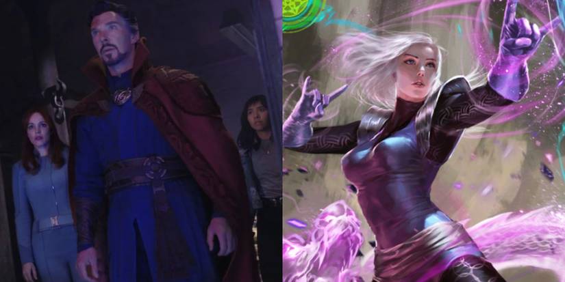 A split image features Christine Palmer, Stephen Strange, and America Chavez in the Doctor Strange 2 trailer alongside an image of Clea from Marvel comics