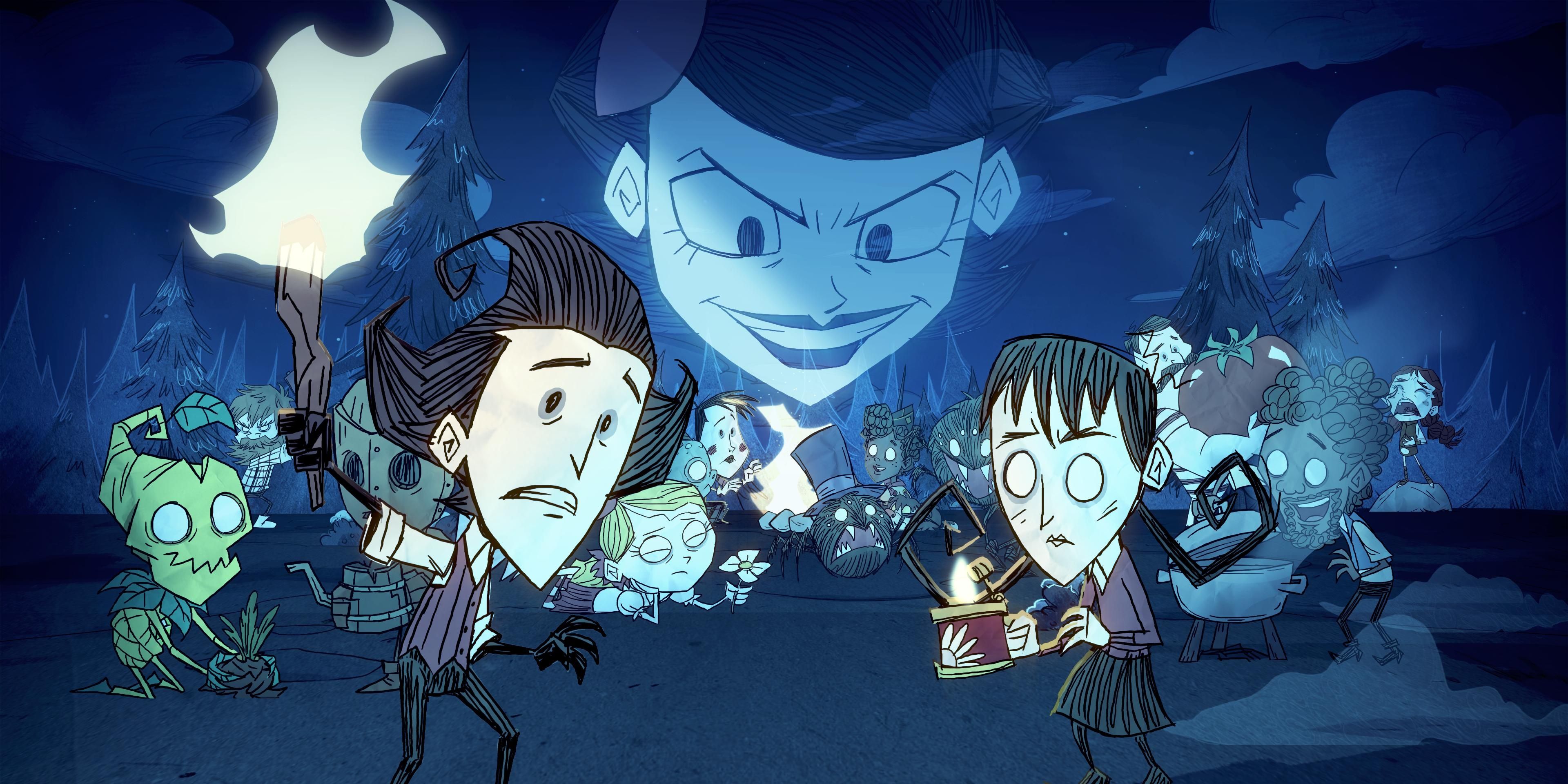 Wilson and Willow from Don't Starve Together look scared as a large face hovers above them