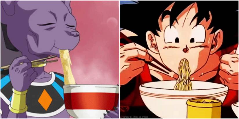 Dragon Ball Super Collage Of Beerus And Goku Eating Ramen