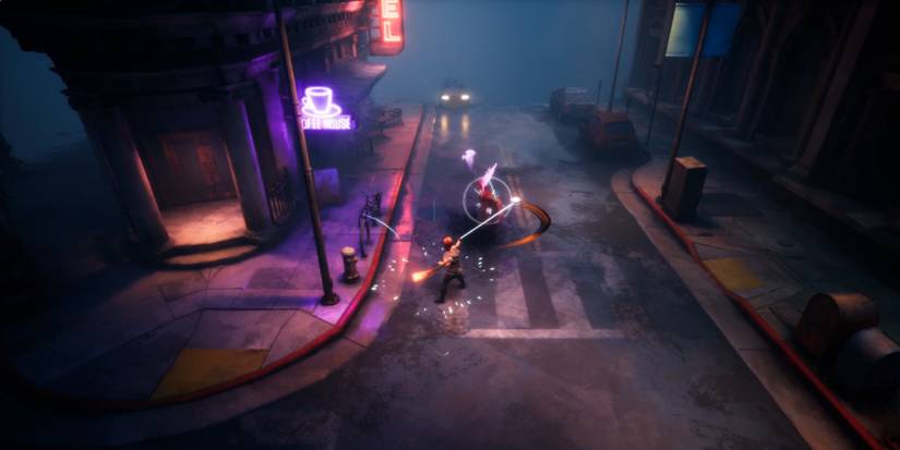 Dreamscaper - Walking down a neon-lit street corner.