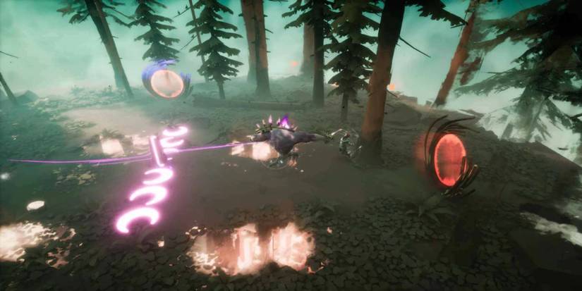 Dreamscaper - The player fighting a larger monster in the woods.