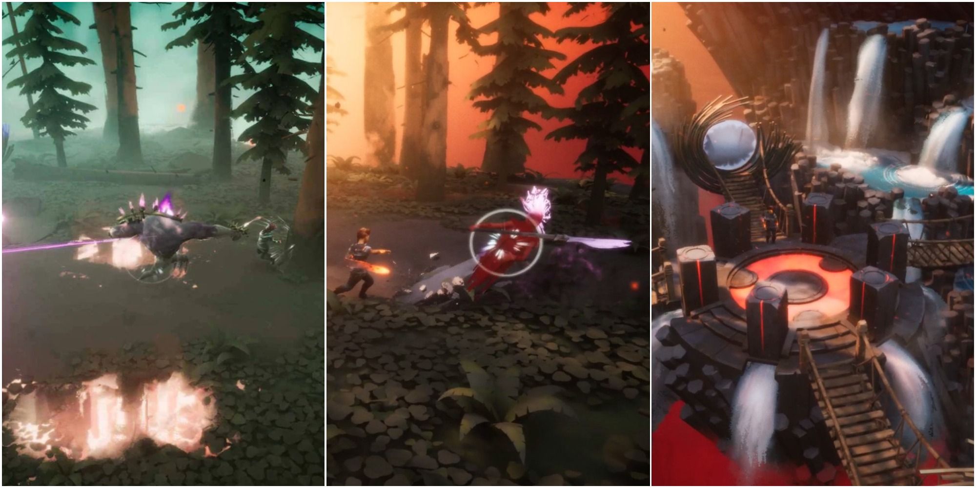 Dreamscaper - A joined image of the character fighting in two forests, and 4 bridges.