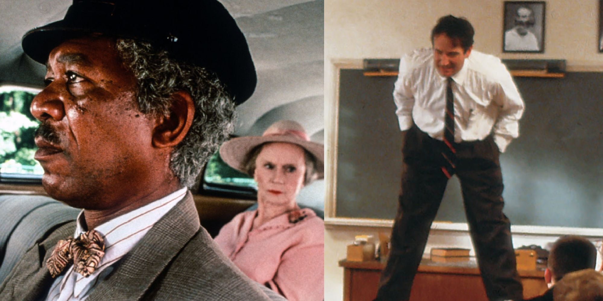 Morgan Freeman and Jessica Tandy in Driving Miss Daisy; Robin Williams standing on desks in Dead Poets Society