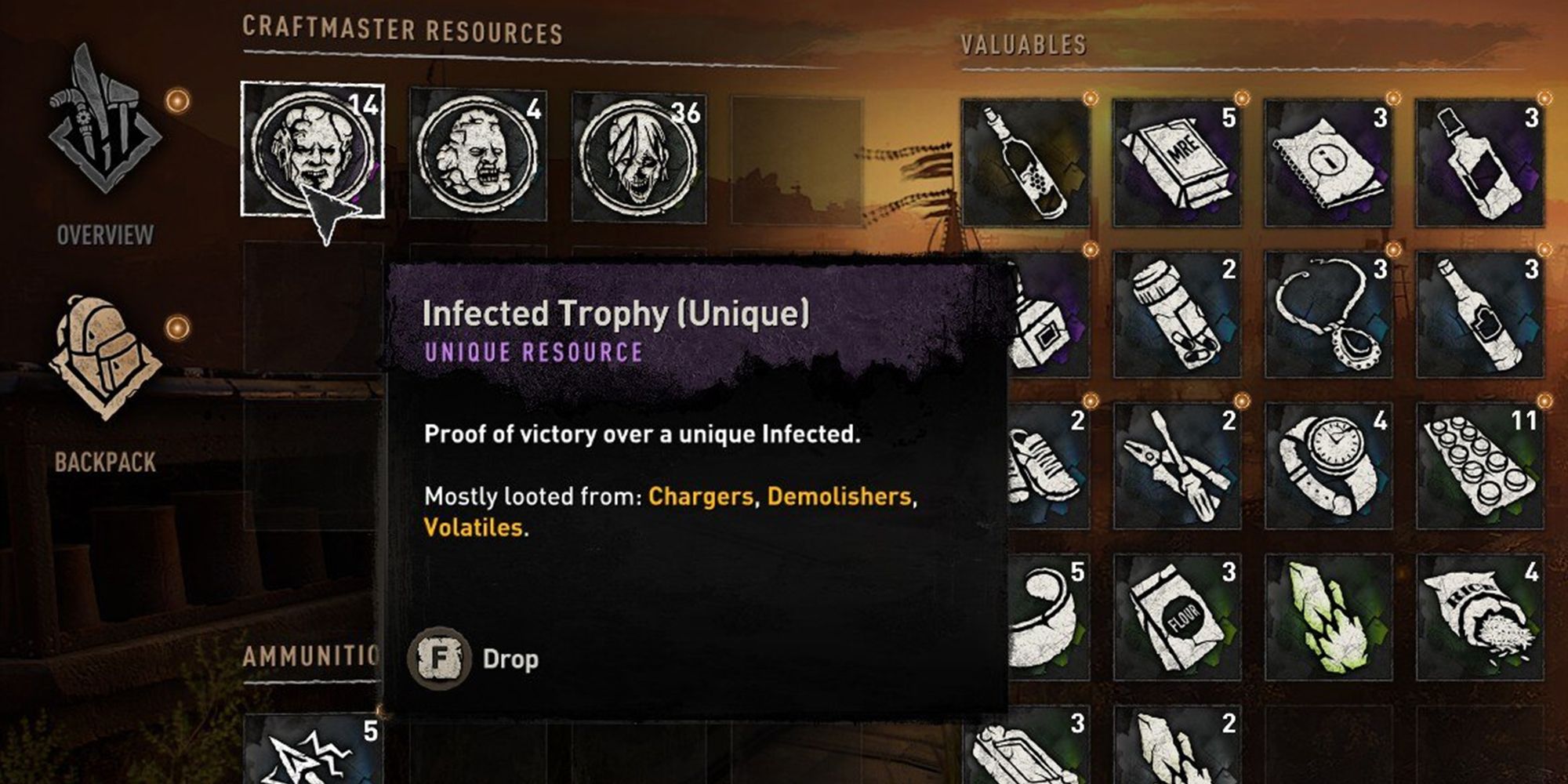 Dying Light 2 - Highlighting The Backpack Menu Showing The Different Infected Trophies