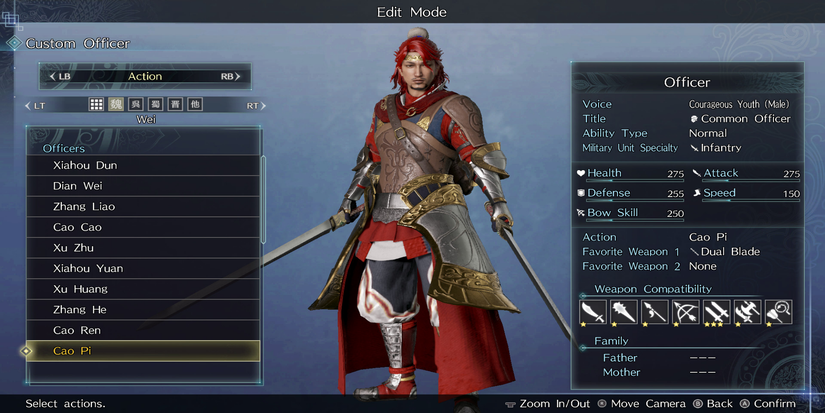Dynasty Warriors 9 Empires - A character creation screen.