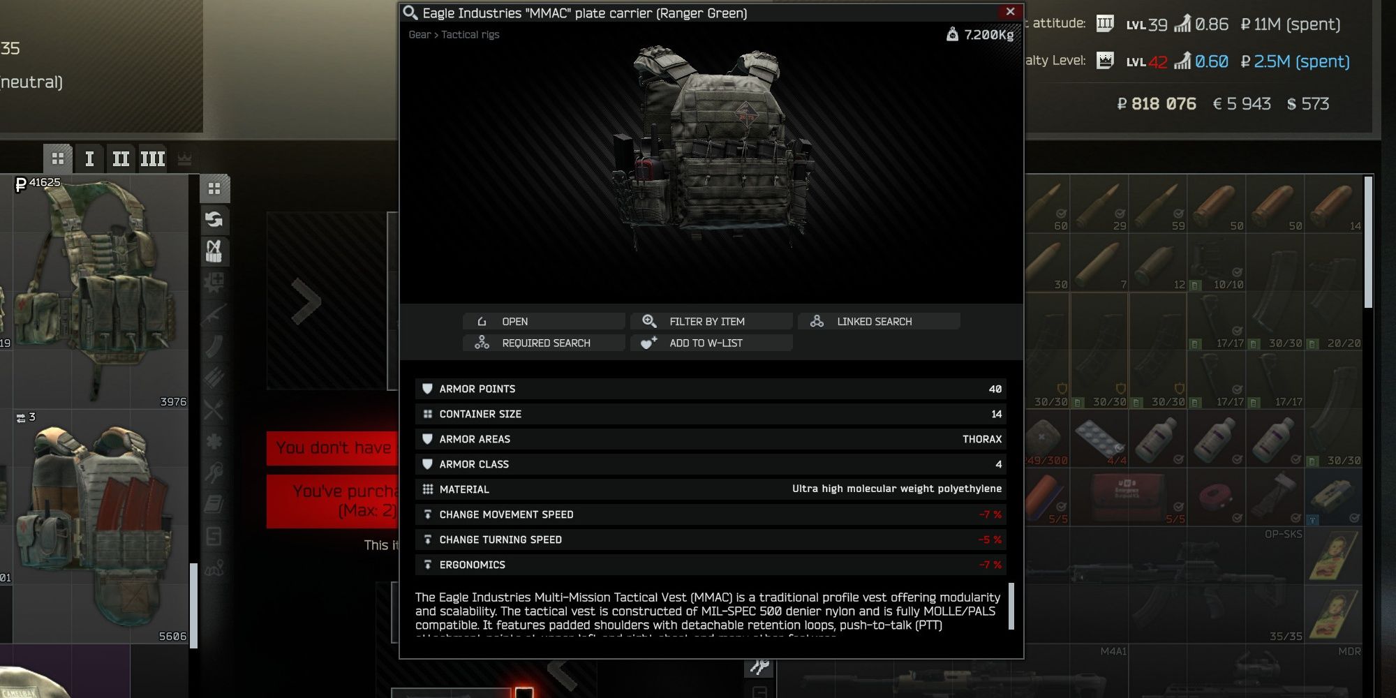 Escape From Tarkov Eagle Industries MMAC shown in inventory screen