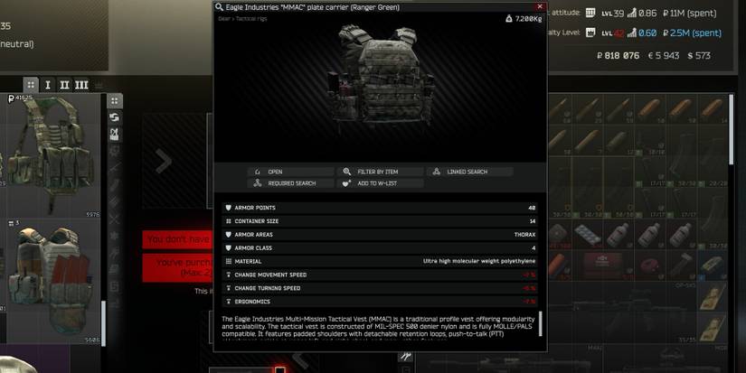 Escape From Tarkov Eagle Industries MMAC shown in inventory screen