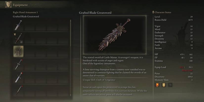 Elden Ring Grafted Blade Greatsword Inventory Item Screen