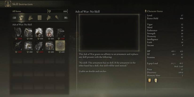 Elden Ring No Skill Ash Of War Guide Inventory Item