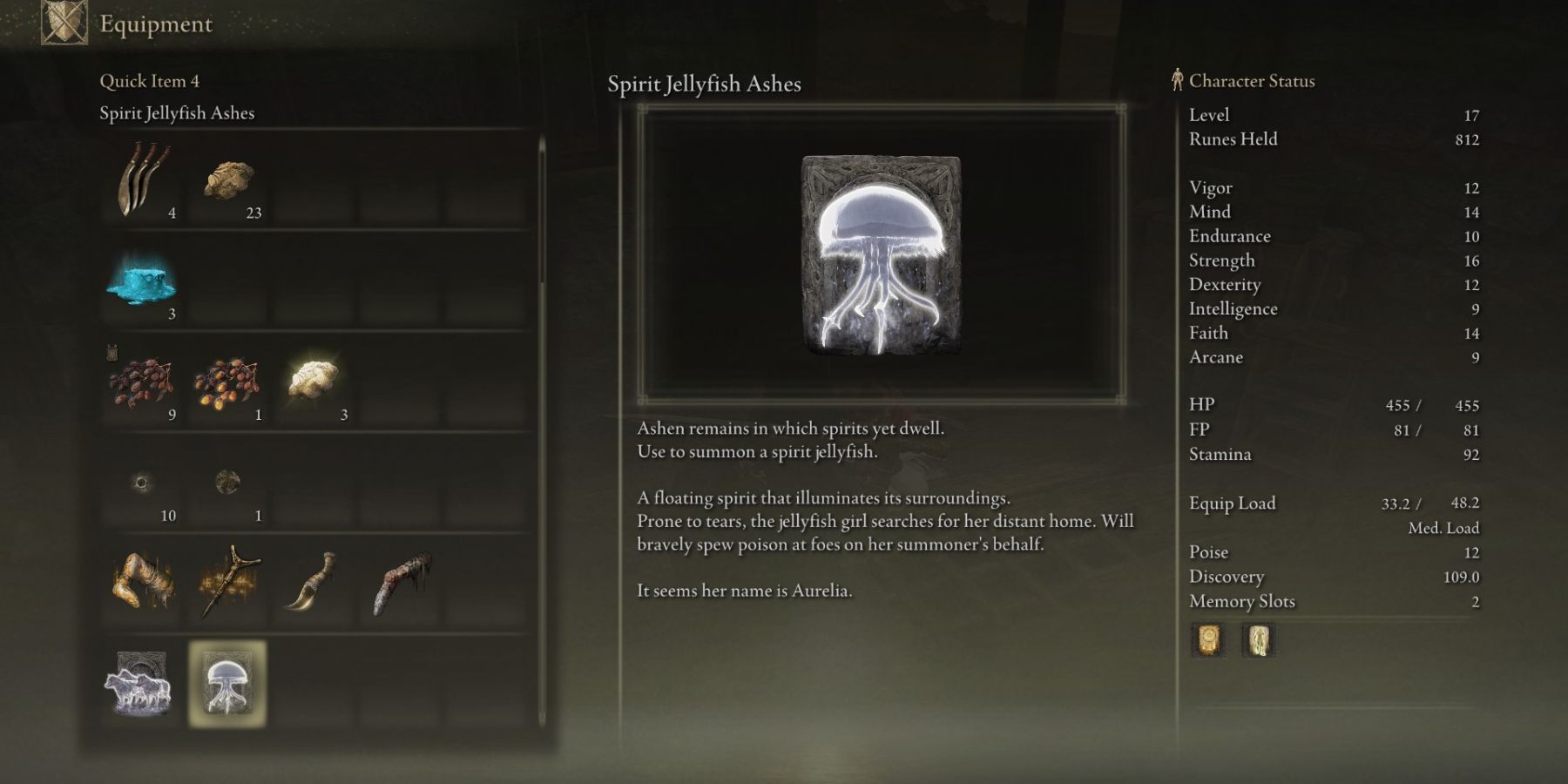 Tela de item de inventário do guia Elden Ring Spirit Jellyfish Ashes