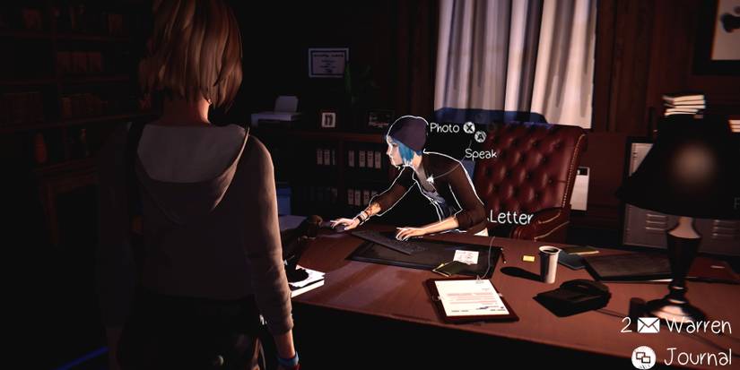 Max looking at Chloe sitting on Principal Wells' chair during Episode 3 of Life is Strange Remastered