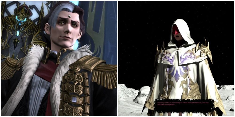 Split image of Emet-Selch and Elidibus.