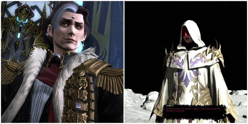 Split image of Emet-Selch and Elidibus.