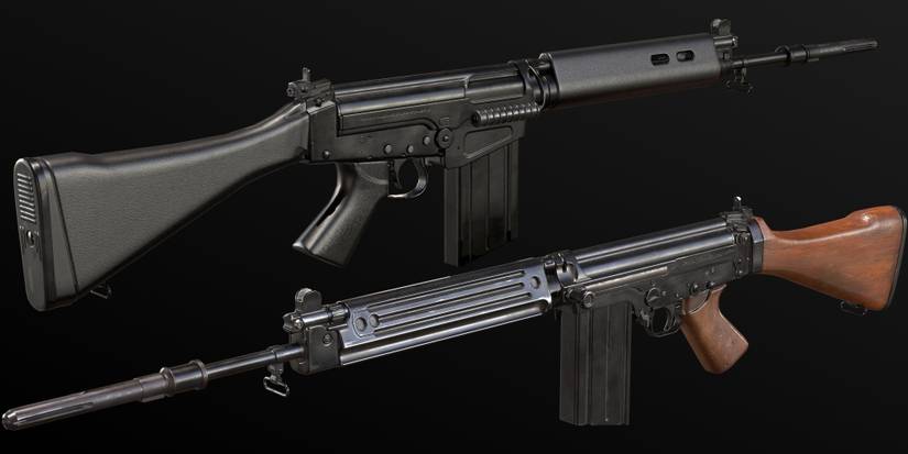Insurgency Sandstorm image of two FAL battle rifles facing different directions and black background