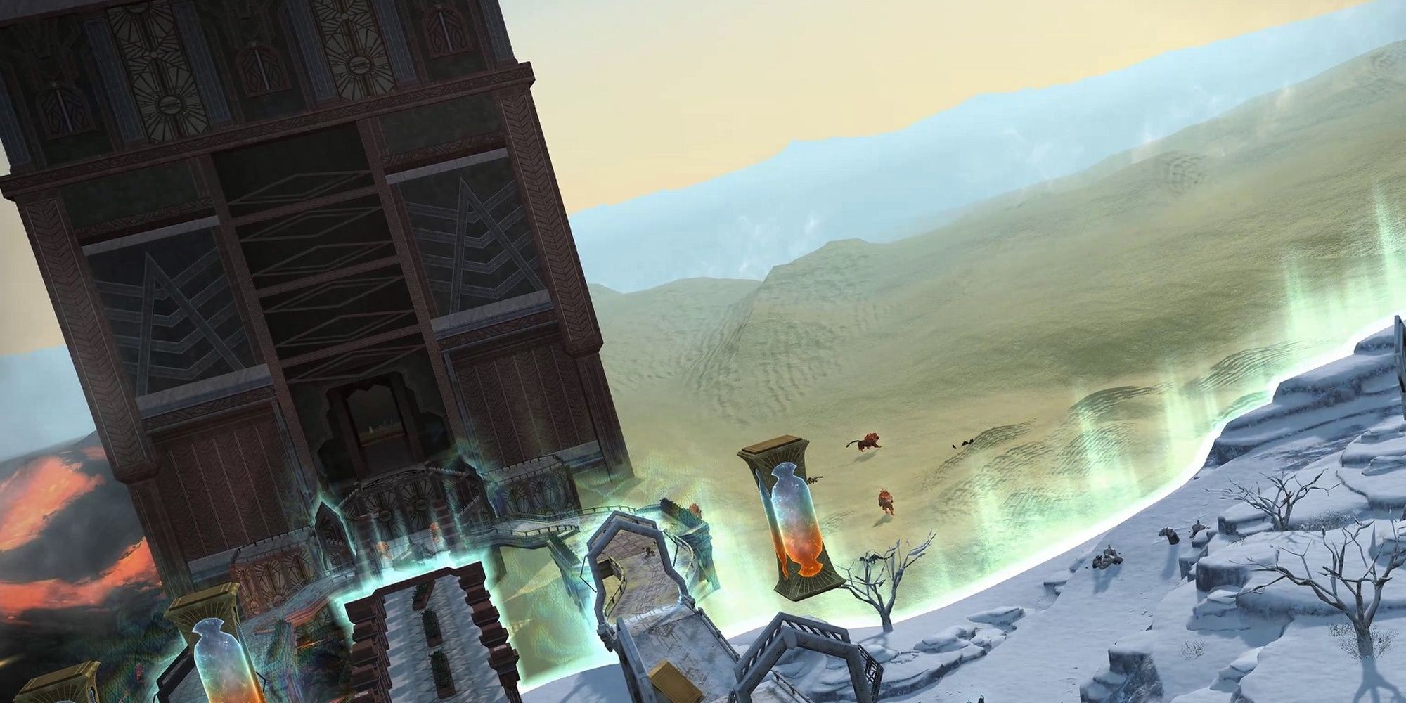 The Ktisis Hyperboraea dungeon from Final Fantasy 14: Endwalker. A tower stands alone in a desert, separated from an icy tundra by a magic barrier.