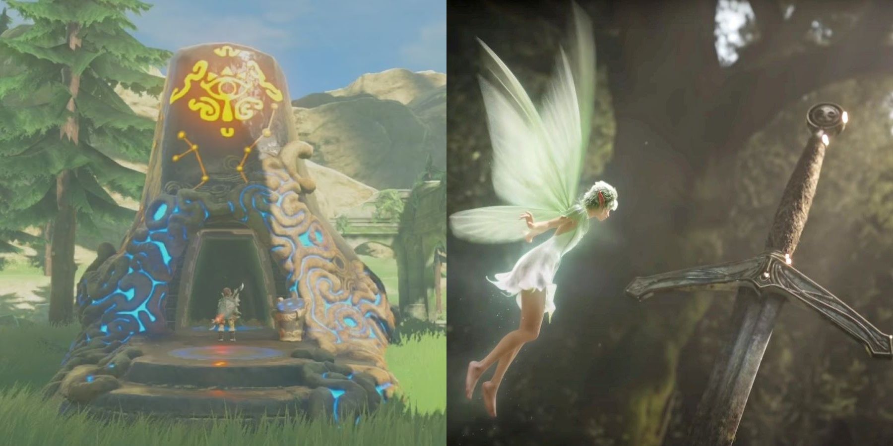 An Anchient Shrine from Breath of the Wild and the fairy examining the sword in the Fable 4 announcement trailer