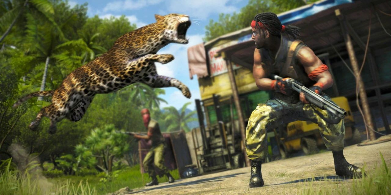 A jaguar pounces on one of Vas's pirates at an outpost in the game Far Cry 3
